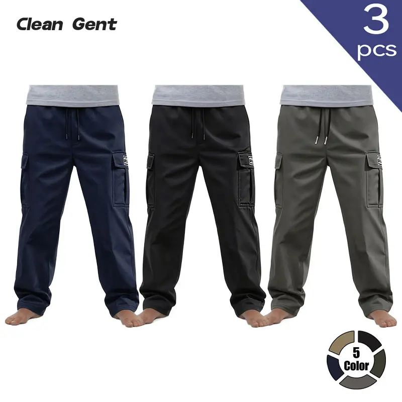 Clean Gent 3-pack men’s solid-color cargo pants with drawstring elastic waist; stylish, versatile loose straight-leg long pants for everyday wear; men’s outdoor fitness casual pants; machine washable; outdoor sports pants.