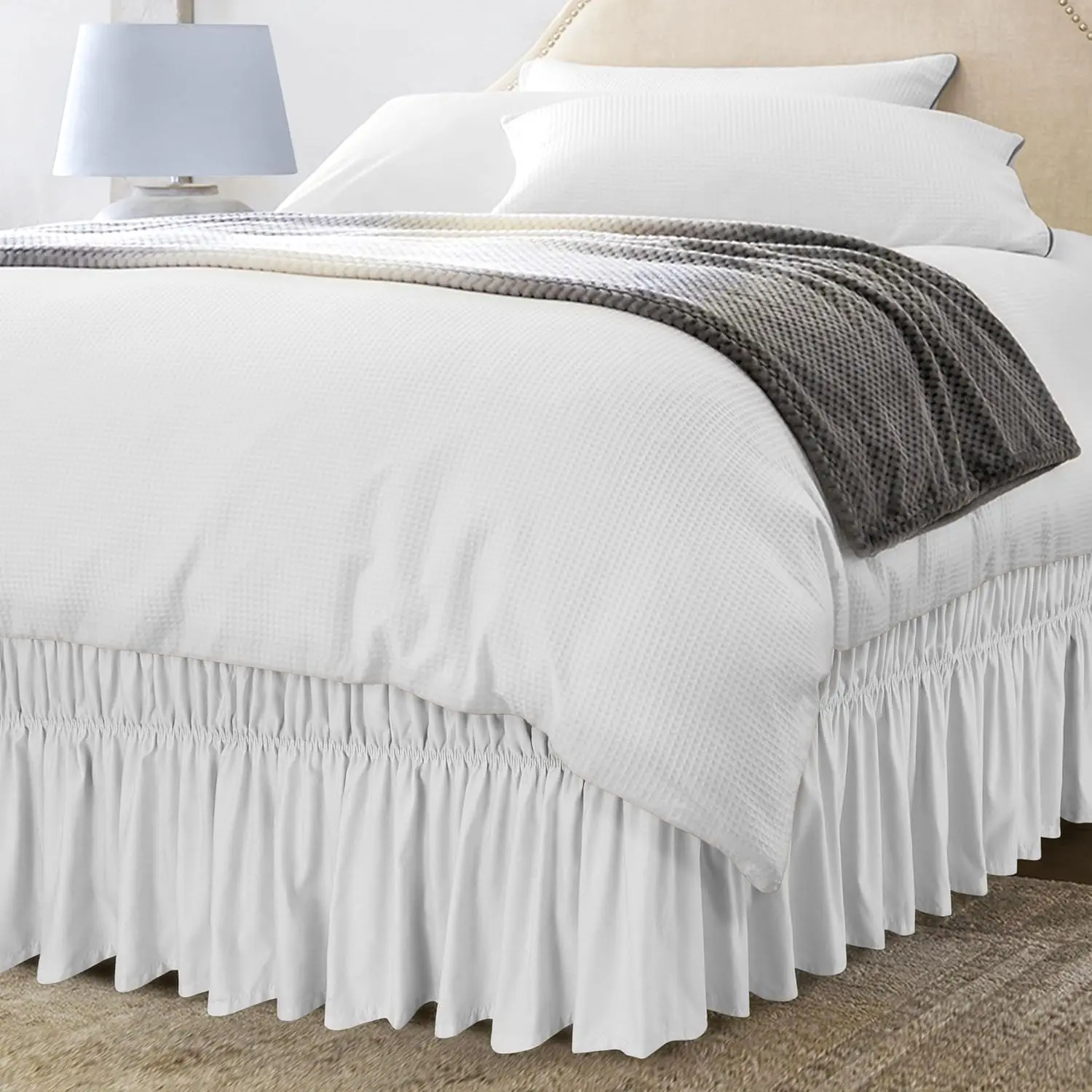 Full Elastic Bed Ruffle - Easy Wrap Around Ruffle - Microfiber Bed Skirt with Adjustable Elastic Belt 16 Inch Tailored Drop - Hotel Quality Bedskirt, Fade Resistant (Full, White)