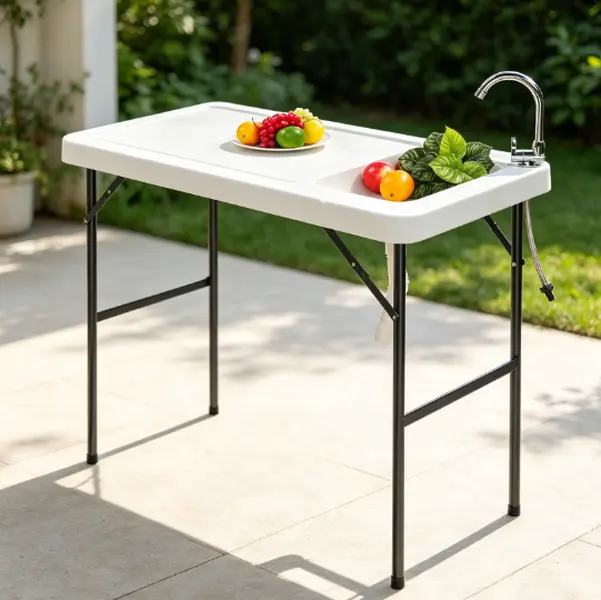 Compact Fold End Tables - Portable HDPE Outdoor Prep Table with Sink, Faucet, Garden Hose Hookup, Off-White Fish Fillet & Hunting Cleaning Station for Camping