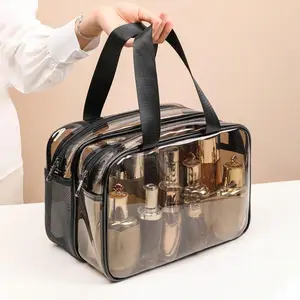 New Retro Vintage Vanity Bag, Large Capacity Makeup Organizer for Women, Ladies Travle Storage Case, Waterproof Transparent Toiletry Bag, Portable Skincare Storage Case (Brown)