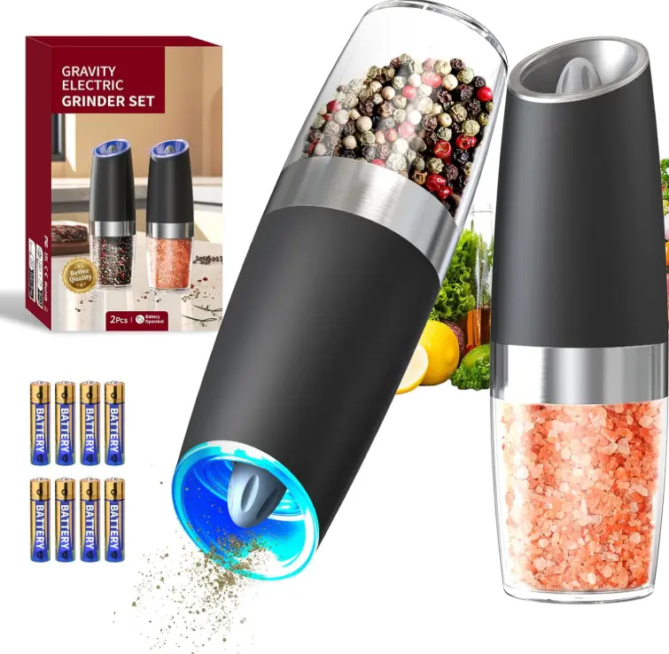 CIRCLE JOY Gravity Electric Salt and Pepper Grinder Set Automatic Salt and Pepper Grinder Set with LED Light, Battery Operated, Adjustable Coarseness, Large Capacity, for Home Kitchen BBQ, Black