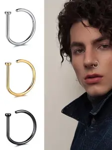 Stainless Steel D-Type Nose Ring, No Piercing Fake Nose Stud, Hip-Hop Street Style, Simple American Design, Fashion Accessory