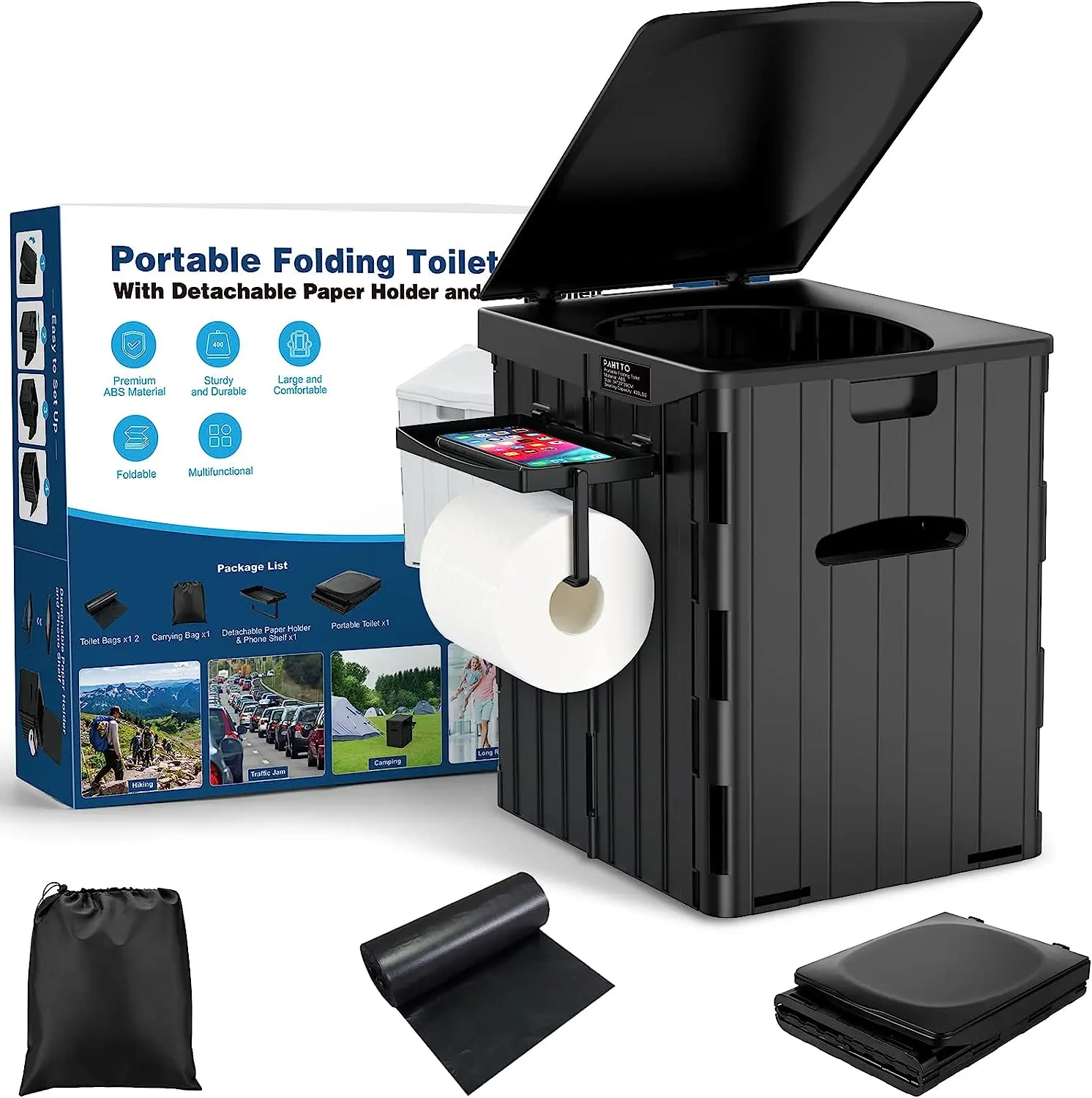 XL Portable Toilet for Adults, 15.4"H Foldable Camping Toilet with Phone Shelf and TP Holder, Waterproof Porta Potty with Disposable Urinal Bags& Female Urinal Device Lid for Camping