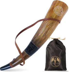 Viking War Blowing Horn| 18Inch Genuine Ox Battle Trumpet with Leather Strap-Hand Engraved| Easy and Clear Sound| Viking Gift for Men & Women