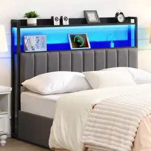 YunKiTech Queen/King Size Headboard with 2-Tier Storage, Uphlstered Headboard with LED Light & USB Ports,【HeadBoardOnly】, Height Adjustable, Sturdy and Stable gamer bed