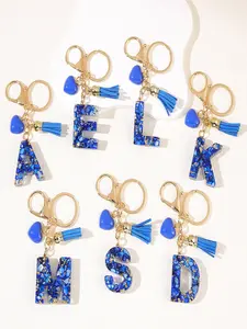 1pc/first letter key ring chain accessory Trendy Cute Keychain fashionable keychain Stylish Keychain creative blue heart-shaped letter fringed keychain jewelry pendant - ideal gift for Christmas party