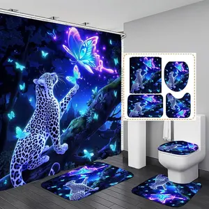 4-piece leopard print butterfly bathroom set with shower curtain and rug