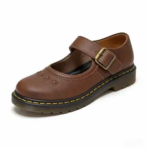 BlaneBlue Women's Brown Leather Floral Embossed Mary Jane Shoes - Retro Classic T-Strap Buckle Low-Top Flats, Non-Slip Rubber Sole All-Seasons Casual Outdoor Footwear