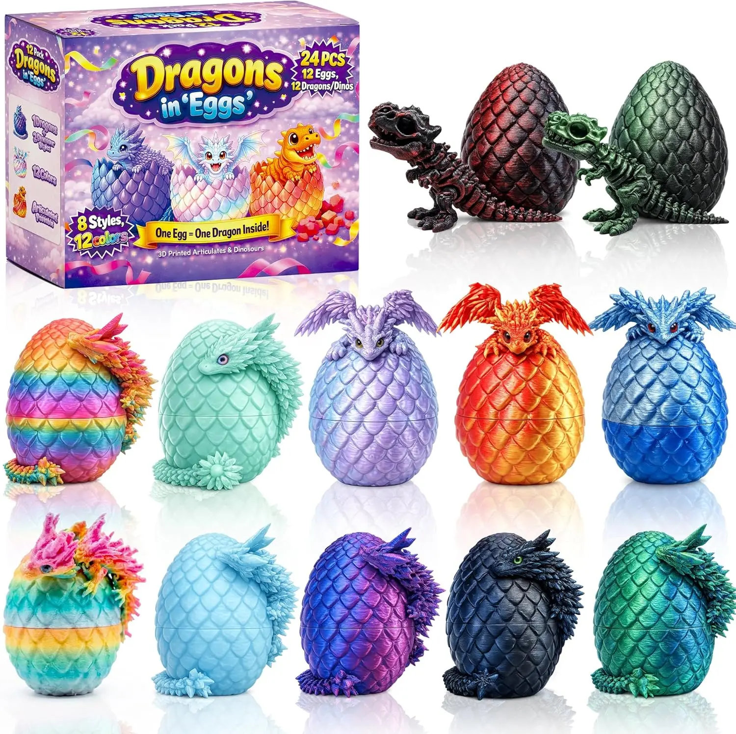 12PACK 3D Printed Dragon Eggs, Easter Basket Stuffers for Children and Teens, Printed Crystal Dragon Unique Easter Toys & Gifts for Boys, Mini Articulated Dragon Toys for Kids.