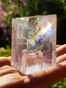 1PC Stunning Rare Rainbow Clear Optical Calcite Cube, Crystal Specimen, With Sparkling Rainbow Inclusions, Creative Gifts and Specialty Jewelry Accessories, Perfect Home Decorative Art Collect, Unique Holiday Gifts
