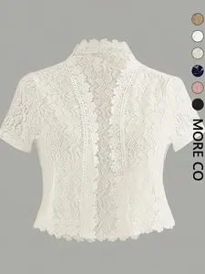 Summer Solid Color Lace Patchwork Casual Open Front Short Jacket, Perfect for Holiday Parties, Stylish and Comfortable Outerwear Tops