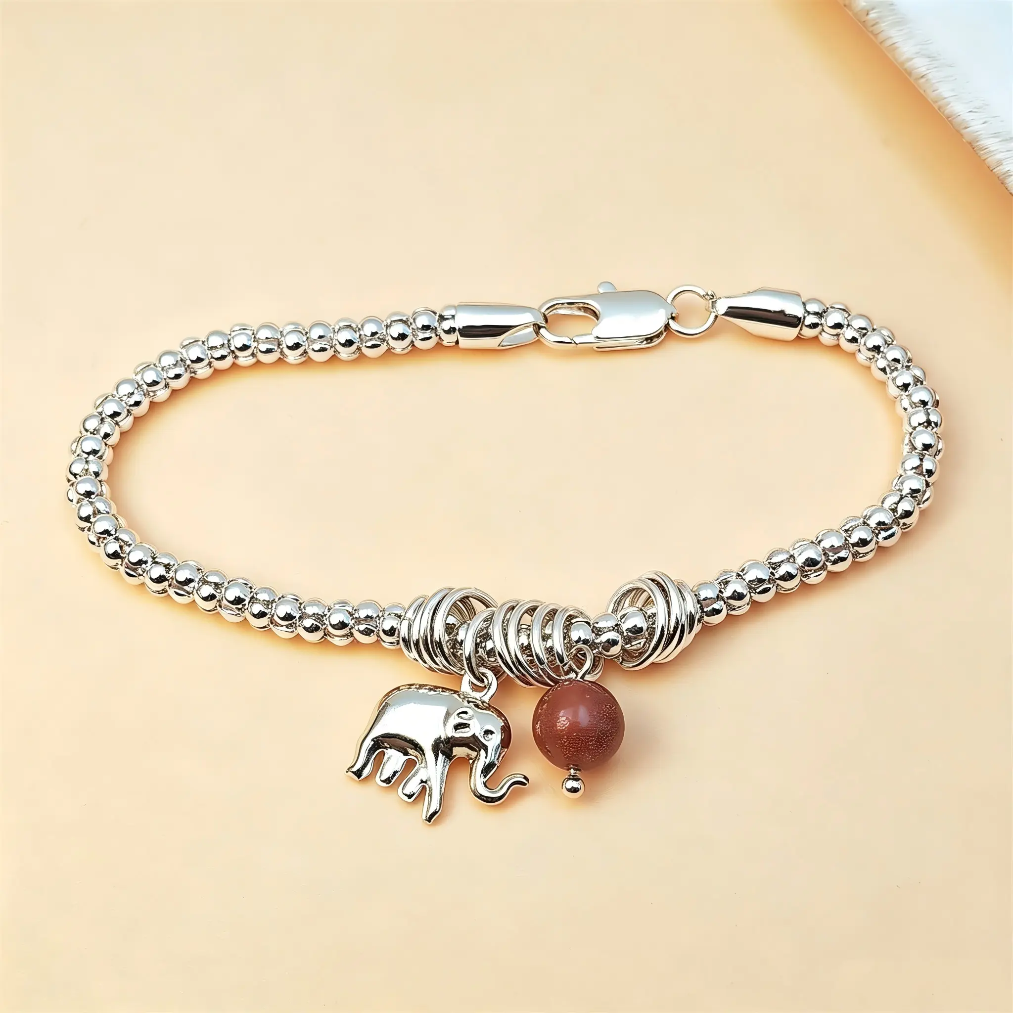 Silver Elephant Charm Bracelet with Red Agate Bead, Adjustable Lobster Clasp Twisted Rope Chain Bracelet, Lucky Elephant Dainty Jewelry Gift for Women Girls