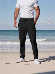 Breathable Comfort Men's Casual Spring Summer Solid Color Waffle Texture Pants, Drawstring Straight Leg Long Pants, Trendy Streetwear Style