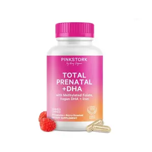 Pink Stork Total Prenatal Vitamins with DHA, Iron, Methylated Folate | Mint or Berry Scent | Clean Label Purity | Pregnancy Support Essentials | Gluten-Free, Non-GMO | B6, B12, Choline, Vitamin D ( 60 caps )