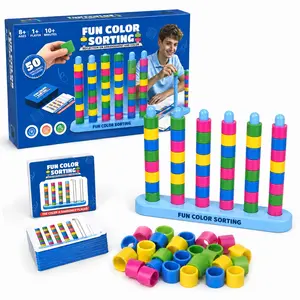 Color Stacking Challenge – STEM Sorting & Stacking Puzzle Toy for Age 6+, Interactive Family Board Game for Party Night with 1 Stack Tray + 50 Double-Sided Cards + 40 Colored Rings, Fast-Paced Brain Teaser Game for Kids