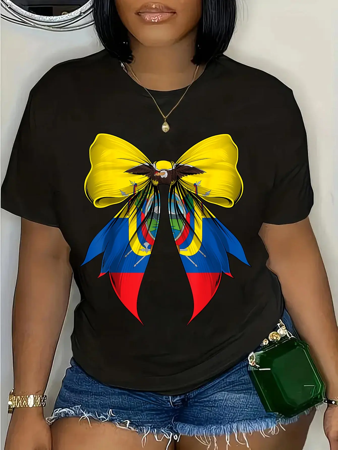Lady's 100% Cotton Casual Short-Sleeve Everyday Graphic T-Shirt, Ecuador Flag Print, Ecuadorian Pride Coquette Ribbon Design, Shortsleeve, Round Neck, Top, Women, Vintage, Coquette Bow