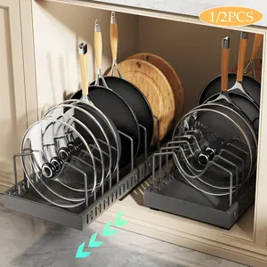 1/2pcs Pull-Out Pot & Pan Storage Organizer For Cabinets, Kitchen Sliding Lid Rack & Pan Holder, Cabinet Sliding Storage Box For Lids, Baking Tools, And Plates, 8/16 Adjustable Dividers, Halloween & Christmas Gift.