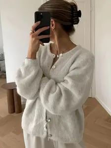 Women's Round Neck Knit Cardigan, Spring & Fall Fashion, Casual Sweet College Style, Long Sleeve Sweater Jacket, Womenswear, Knitwear, Knitting, Lady