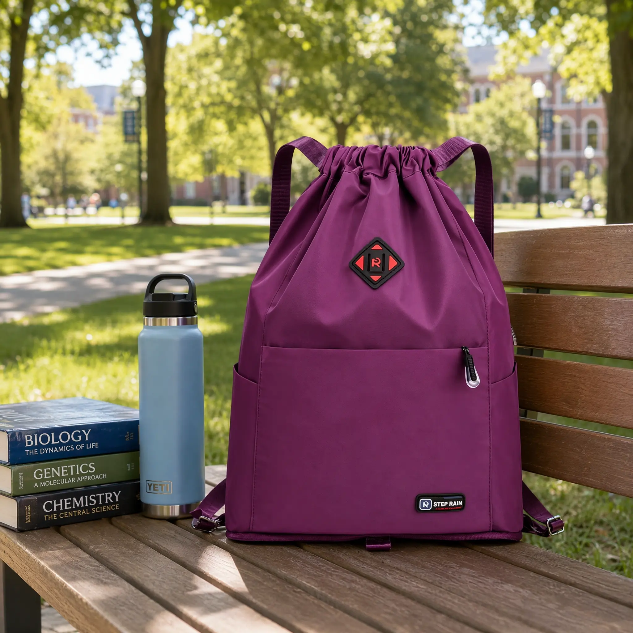 Waterproof Drawstring Sports Backpack, Dual Bottle Holders, Multi-Pockets, Lightweight Luggage Bag for Travel & Gym