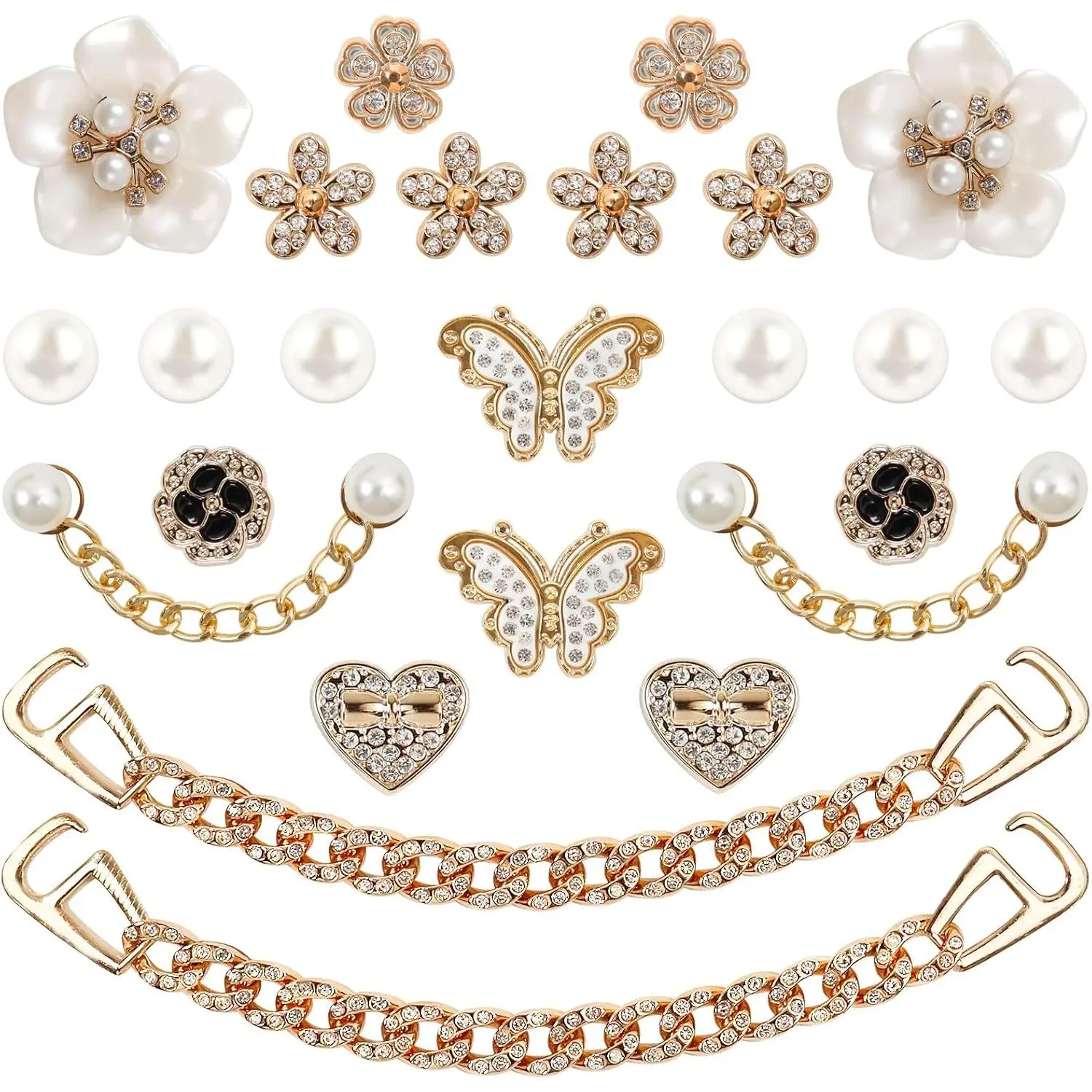 Women's 22-Piece Cute Elegant Sparkling Shoe Charms, Bling Pearl Flower & Rhinestone Chain Decorative Set, Lightweight Plastic Accessories Only For Perforated Clogs, Shiny Party Decorations For Women