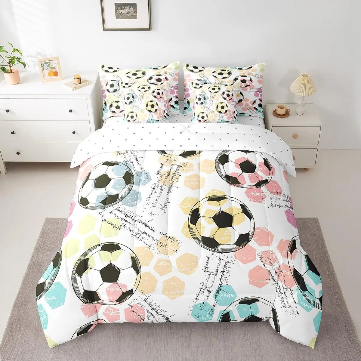 Feelyou 7-Piece Soccer Ball Bedding Set, Sports Bed in a Bag Comforter Set for Teens, 7-Piece Set