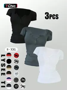 Women's Solid Button Tee, Casual Chic Minimalist Short Sleeve T-shirt for Summer, Ladies Clothes for Daily Wear