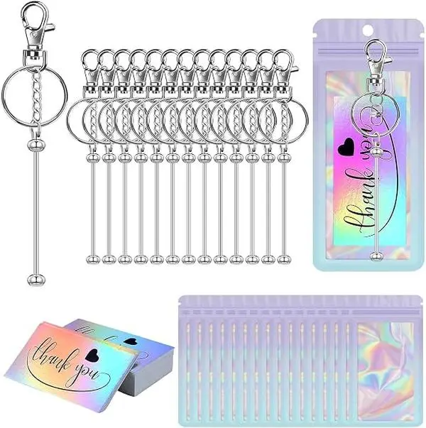 Halloween Fall Crafting Gift Bulk Pack 14 Pcs Blank Bars Beadable Keychain DIY Set, Blank DIY Beaded Keychain Making Supplies with Bag, Includes Card