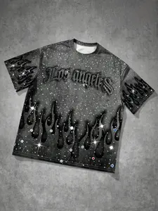 2026 New Season Rhinestone Flame Graphic Tee, Heavyweight Cotton Oversized Los Angeles Letter Print Shirt, Cyber Y2K Cyberpunk Sparkly Casual Streetwear Top for Festivals and Street Photography