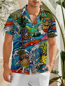 Men's Summer Cuban Collar Short Sleeve Collared Shirt, Fun Cartoon Pineapple Surf Tropical Print, Casual Vacation Loose Fit, Micro Stret，Limited-time holiday discounts, fast shippingh Fabric