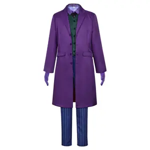 Joker Purple Coat Cosplay Costume Set Shirt Vest Stripe Pants Tie Gloves for Comic Con