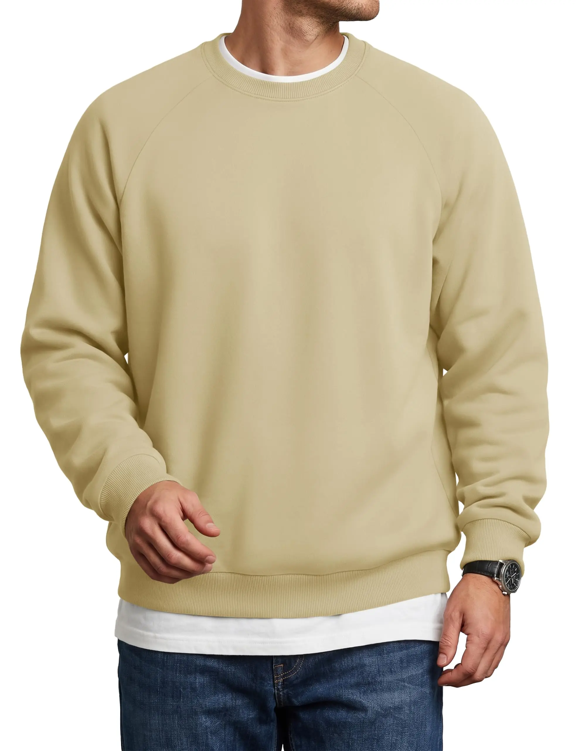 Men's Polyester Crewneck Fleece Pullover - Long Sleeve Smooth Sleeves Casual Menswear Sports Top