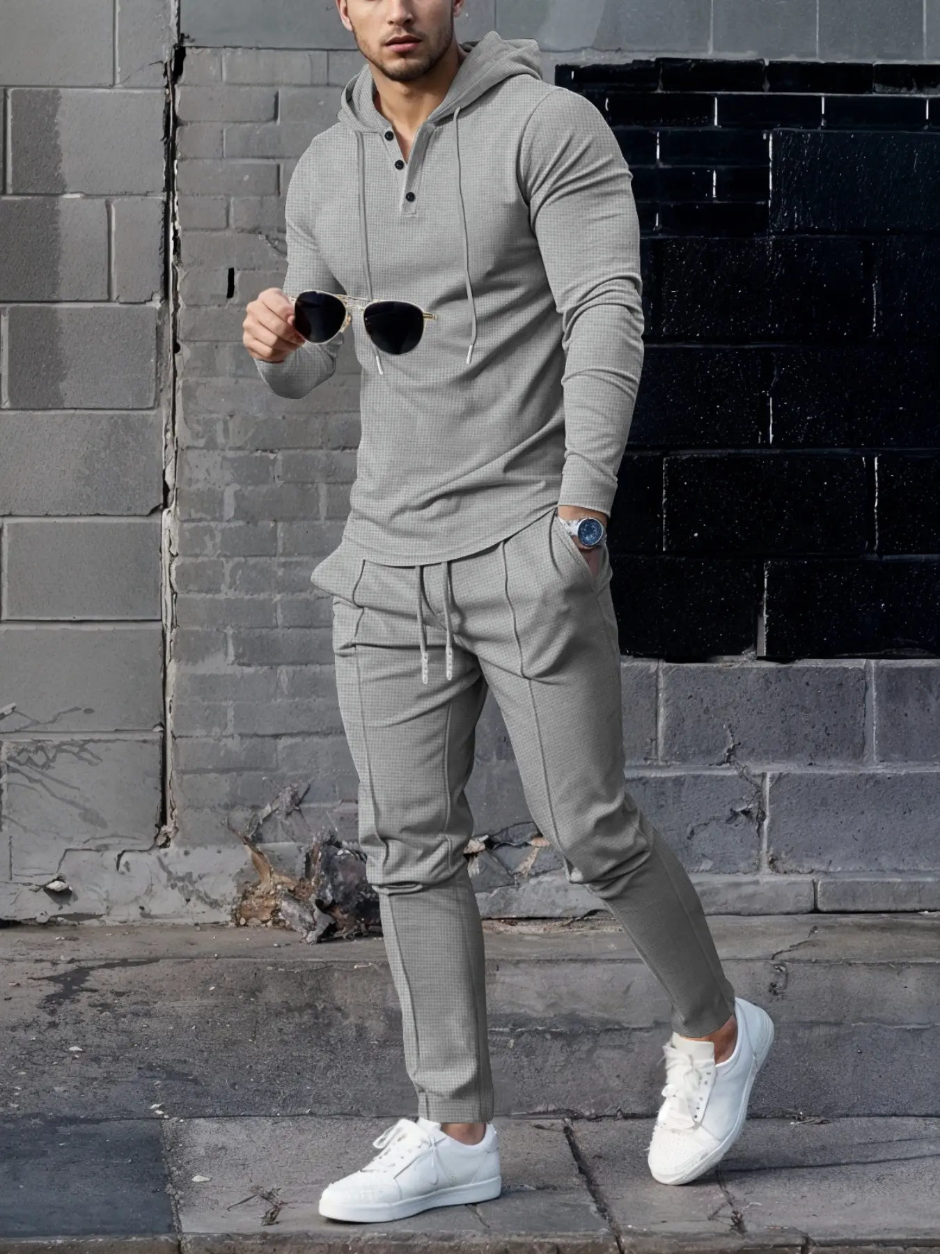 Men's Quick-Dry Waffle Fabric Top and Pants Set, Outfit, Casual Fitted Multi-Functional Monochrome Design, Comfortable Everyday Wear, Ideal for All Seasons, Sweat, Clothes