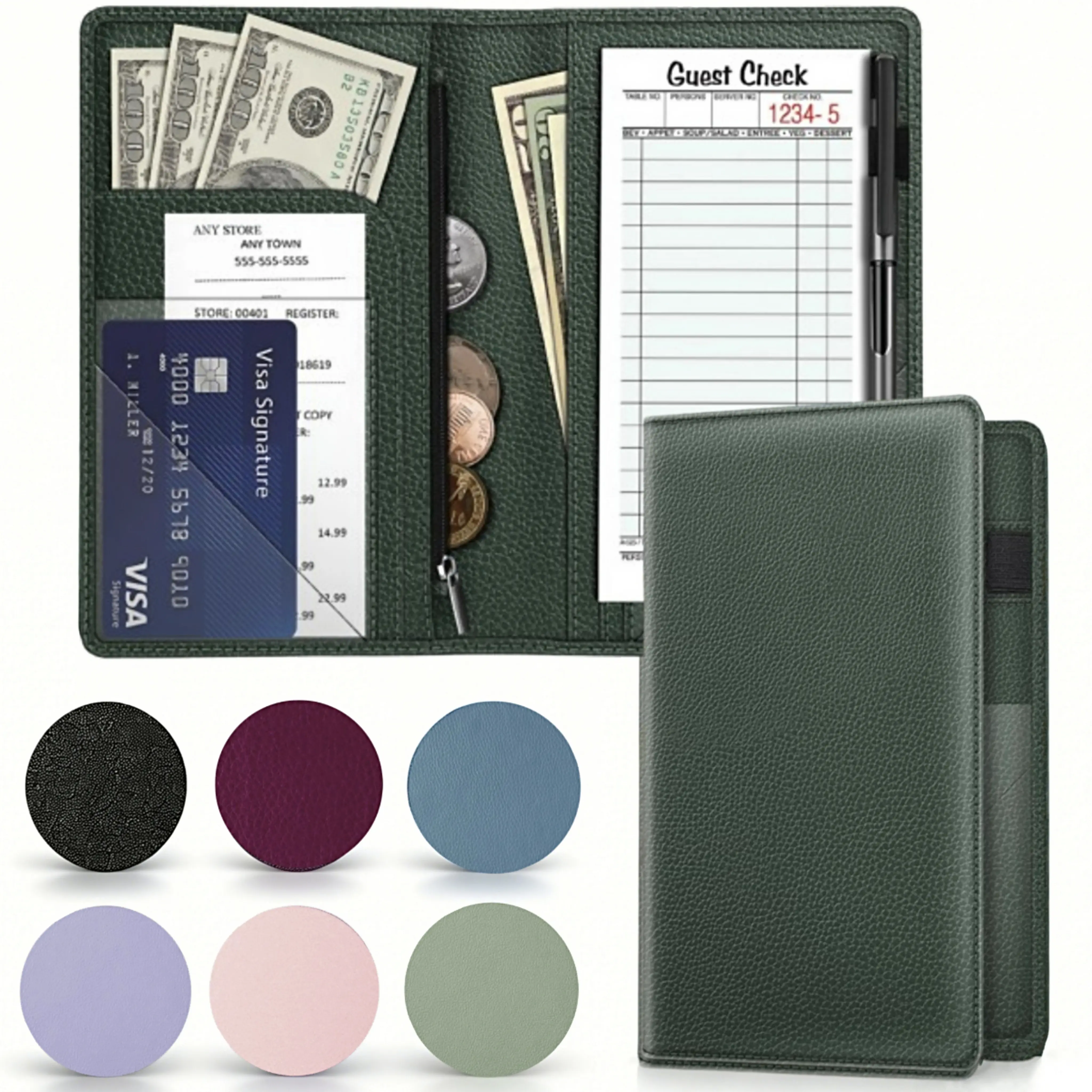 FINTIE PU Leather Slim Server & Bartending Book Organizer - Waiter Service Tool with Zipper Pocket, Integrated Calendar, Guest Check Presenter, Card Holder, Polished Look for Busy Shifts (Office Stationery)