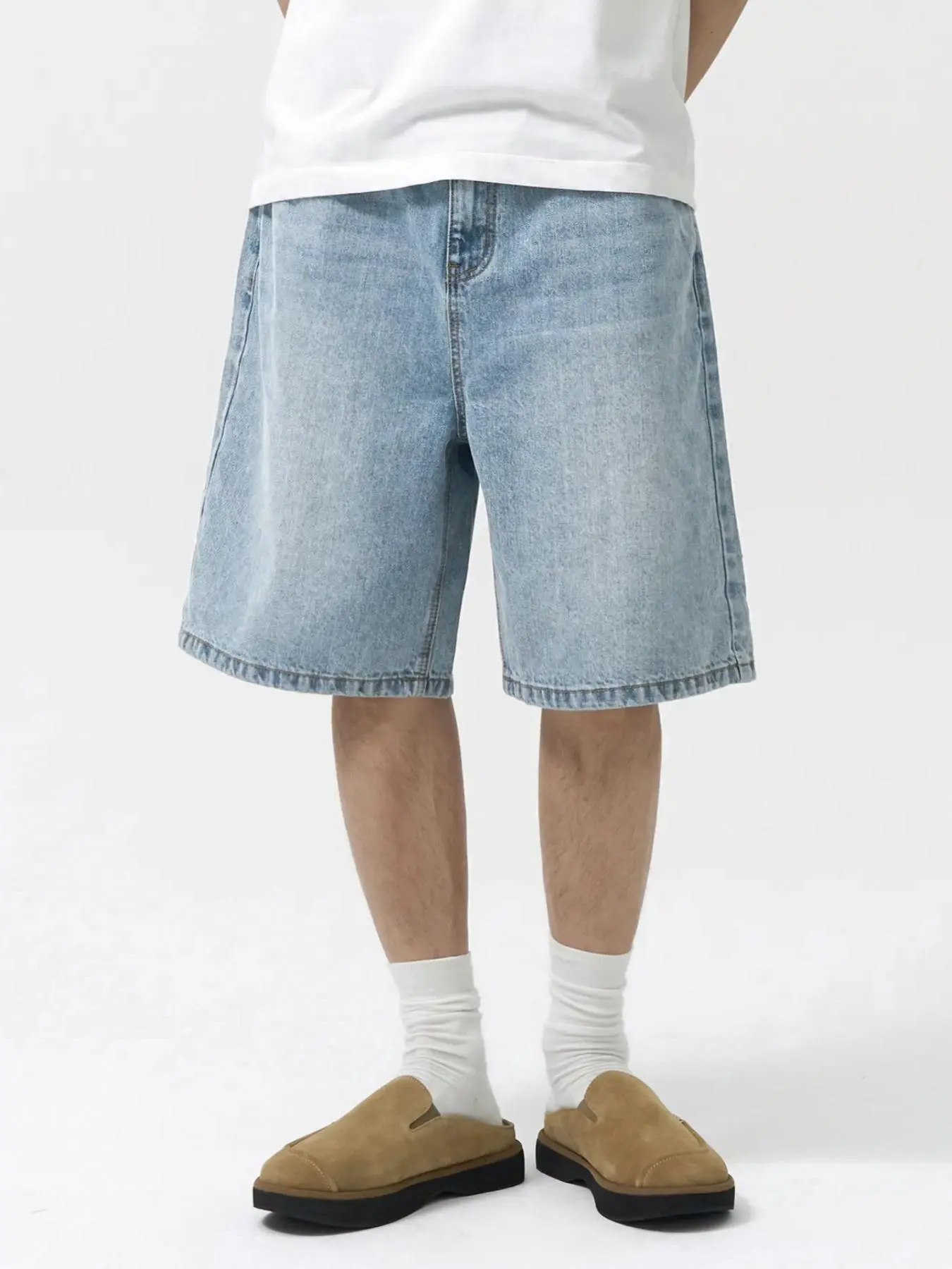 Men's Loose-Fit Straight Leg Denim Shorts, Casual Comfortable Washed Jeans, Natural Waist, Zipper Fly, All Seasons, Scb08 Batch