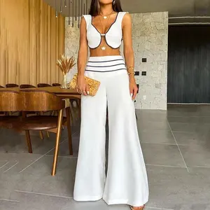The 2025 autumn new fashion color-blocking low-cut sexy short waistcoat casual pants set