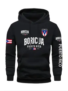 Men's Puerto Rico Pattern, Flag Design, Long Sleeve Pullover, Drawstring Cap, Casual Fitted Style, Fall & Winter Wear, Country Song Sweatshirt