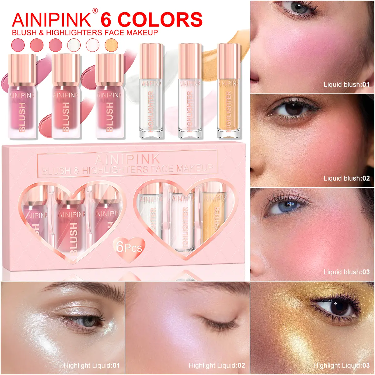 6Pcs Brightening Liquid Blushes Set Waterproof Long Lasting Glossy Makeup Smooth Moisturizing Natural  Blendable Water Blushes Highlighter Suitable For Beginner Cosmetic
