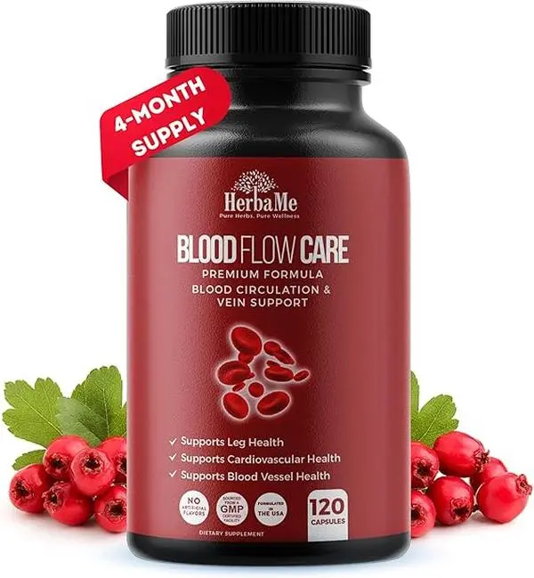 Blood Circulation Supplement, 120 Capsules, Supports Leg Vein, Heart, Vessels and Cardiovascular Health with Niacin, L-Arginine, Ginger, Cayenne Pepper, Hawthorn, Diosmin, Blood Flow Pills