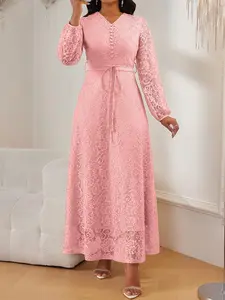Elegant Lace Dress for Women, Long Sleeve V-Neck A-Line Gown, Waist-Tie Design, Perfect for Weddings, Parties, and Formal Events