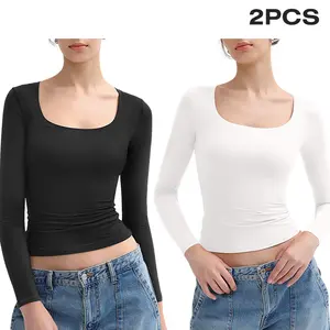 PUMIEY Women's 2 Piece Scoop Neck Long Sleeve Top Double Layer Slimfit Fall Outfits Minimalist Comfort Basic Double layer Smoke Cloud Collection Womenswear