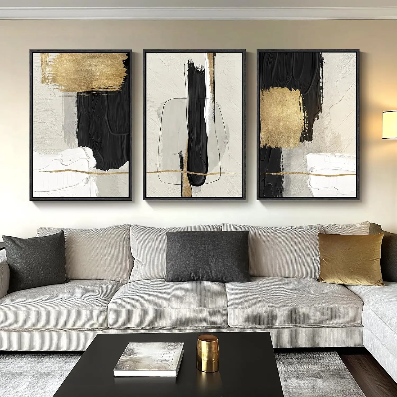 Large Framed Gold, Black and White Abstract Wall Art for Living Room 3 Piece Big Canvas Prints Painting