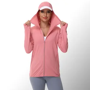 Women's Lightweight Zip-Up Hooded Sun Jacket - UPF 50+ Sun Protection, Polyester Mesh Breathable Fabric, Long Sleeve, Detachable Hood Brim, Zippered Pockets, Soft Warm Comfortable, Sporty Casual, Suitable for Spring Autumn Outdoor Activities
