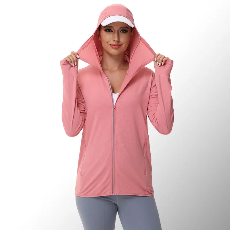 Women's Lightweight Zip-Up Hooded Sun Top - UPF 50+ UV Protection, Polyester Mesh Breathable Quick-Drying Fabric, Long Sleeves, Detachable Hood Brim, Zippered Pockets, Soft Warm, Sporty Chic Athletic, Running/Yoga Spring Autumn Outdoor Use