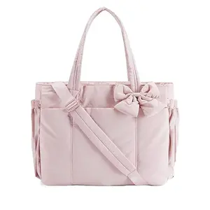 Crush Bow Tote Bag, Women, Lightweight, Puffy Handbag, Removable Bow, Multiple Compartments, Laptop Friendly (13" & 15.6"), Travel/Work/Beach/Gym/Fall Freshness