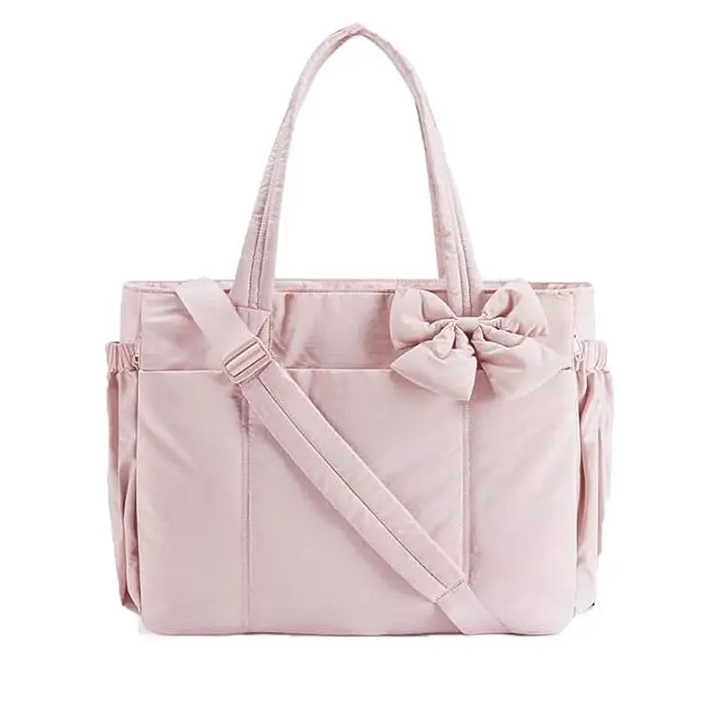 Crush Bow Tote Bag, Women, Lightweight, Puffy Handbag, Removable Bow, Multiple Compartments, Laptop Friendly (13" & 15.6"), Travel/Work/Beach/Gym/Fall Freshness