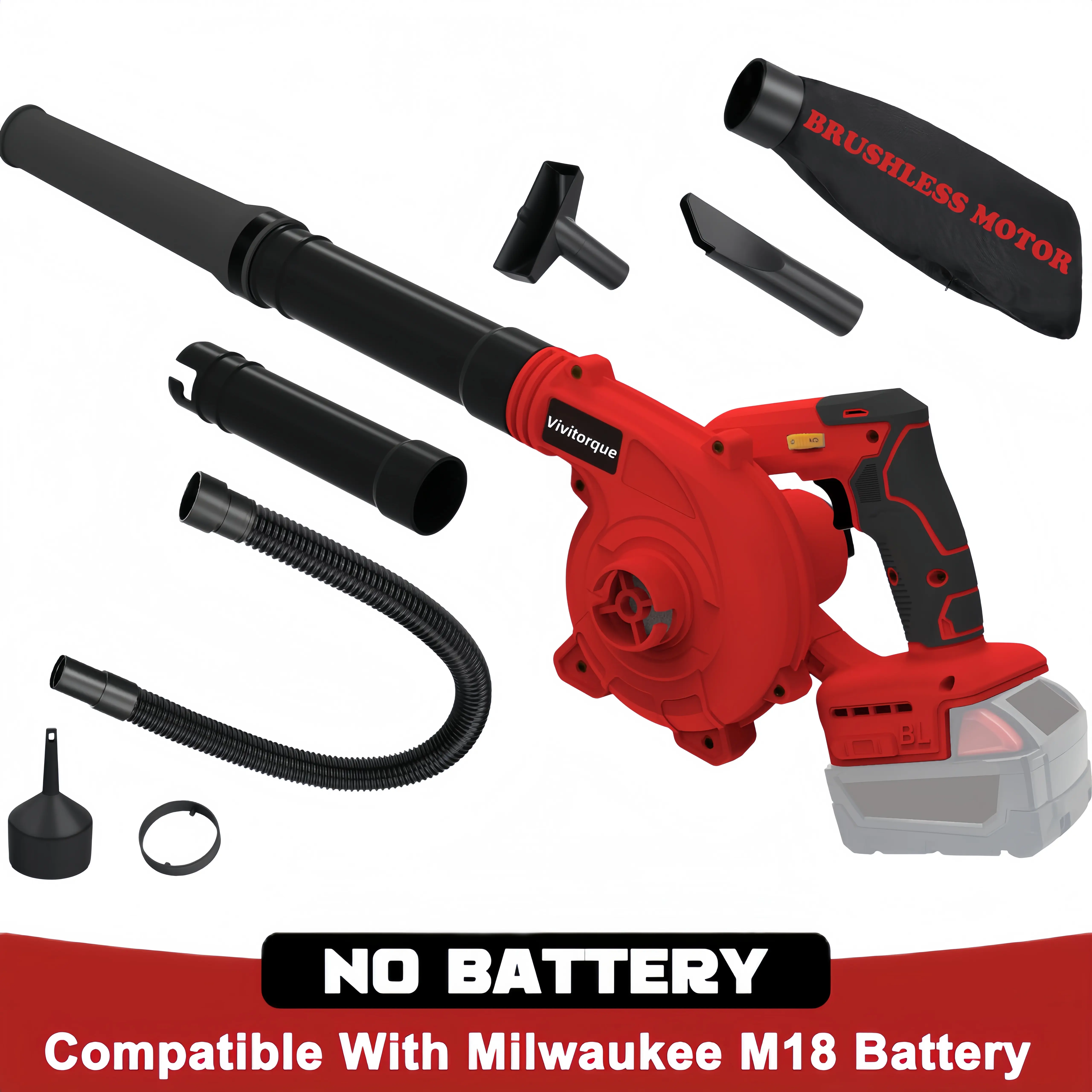 Cordless Leaf Blower for Milwaukee M18 Battery,Electric Jobsite Air Blower with Brushless Motor,6 Variable Speed Up to 180MPH,2-in-1 Handle Electric Blower and Vacuum Cleaner(Battery Not Included)