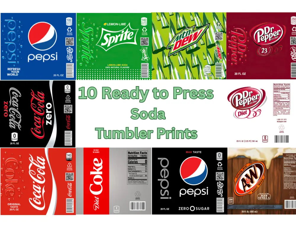 10 Pack Soda Tumbler Sublimation Prints Bundle | Ready to Press 20oz Skinny Tumbler Wraps | Retro Pop Designs | Cute & Funny Drink-Themed Transfers for DIY Cups
