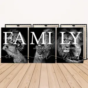 Family Letter Pattern Vintage Letters Print Wooden Framed Canvas Painting, 3 Counts Modern Lion Pattern Art Wall Decor, Wall Art for Home