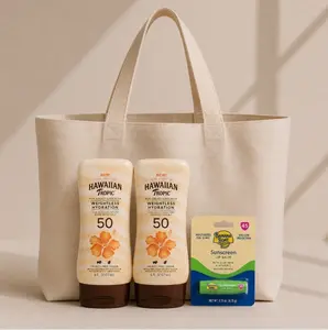 Large Canvas Beach Tote Bag Bundle with 2 Hawaiian Tropic Weightless Hydration SPF 50 Lotions & SPF 45 Lip Balm