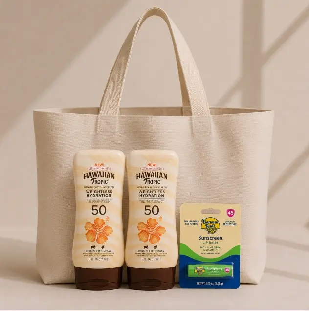 Hawaiian Tropic Weightless Hydration SPF 50 Body Sunscreen Lotion Set with SPF 45 Lip Balm, Lightweight Moisturizing Fragranced Formula for Beach Trips, Cruises
